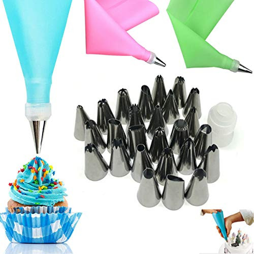 Piping Icing Tips with Pastry Bag  28 Pieces Cake Decorating Tools Kits Supplies with 26 Icing Tips  1 Silicone Pastry Bag  1 Reusable Plastic Coupler  Baking Frosting Tools Set for Cupcakes Cookies