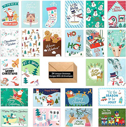 24 Cute Christmas Cards Assorted - Joyful Christmas Greeting Cards in 24 Unique Designs- Merry Christmas Greetings- Family Christmas Cards- Bulk Assorted Christmas Cards with Envelopes  4 x 6 Inches