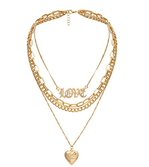 EFTOM Punk Gold Chunky Chain Necklace for Women Layered Chain Collar Choker Letter Love Heart Locket Pendant Y Necklace Love Locket Pendant EFTOM Punk Gold Chunky Chain Necklace for Women Layered Chain Collar Choker Letter Love Heart Locket Pendant Y Necklace Love Locket Pendant