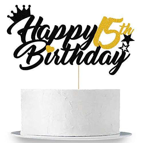 Happy 15th Birthday Cake Topper Black and Gold Glitter Teenagers Fifteen Birthday Party Cake Decor Hello 15-Cheers to 15 Years Old-15   Fabulous Boys 15th Birthday Party Cake Supplies Decorations