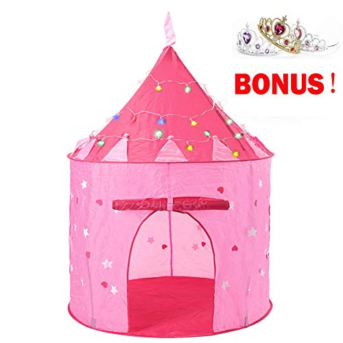 Pink Princess Castle Pop-up Kids Toy Game Play Tent in Twinkle Colored Lights with Glow in The Dark Stars and Princess Hair Pin