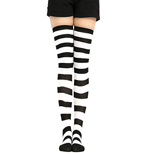 Womens Girls Long Striped Socks Thigh High Socks Cotton Over the Knee High Socks Boot Stockings Leg Warmers Black-White Stripe