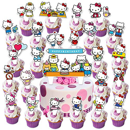 25PCS Hello Kitty Cake Topper Cupcake Toppers Happy Birthday Party Supplies Cupcake Decorations for girls