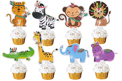 Glitter Jungle Safari Animal Cupcake Toppers Zoo Animal Cupcake Decoration Cute Tribe Animal Cupcake Topper for Kids Animal Theme Birthday Party Baby Shower 24 Pack