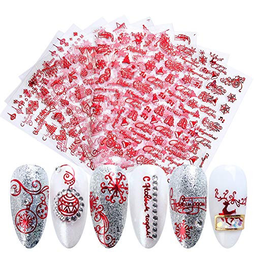 9 Sheets 3D Christmas Nail Art Stickers Red Self-Adhesive Winter Nail Decals Xmas Tree Snowflake Santa Claus Deer Bell Snowman Nail Sticker Designs for Christmas Party Manicure Tips Decorations