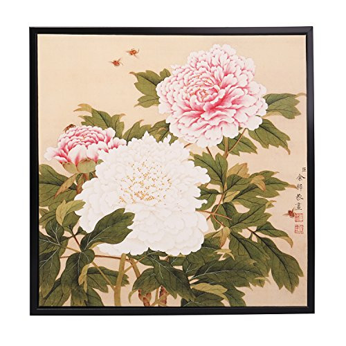 INK WASH Modern Traditional Asian Wall Art Pink White Chinese Peony Painting Flowers Painting Fine Art Prints Paintings for Home Office Decoration Framed Ready to Hang 13"x13"