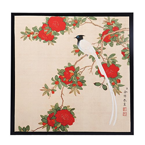 INK WASH Ready to Hang Framed Claborate-style Chinese Red Peony King Painting Bird and Flower Floral Wall Art Paintings on Silk Alike Rice Paper for Living Room Wall Decor 13"x13"