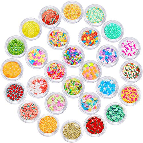 28 Boxes Nail Art Slice Fruit Nail Art Decal Slice Clay 3D Fruit Flower Nail Slice Assorted Fruit Flower Star Heart Shapes Slice with A Curved Tweezers for Nail Craft Slime Decoration