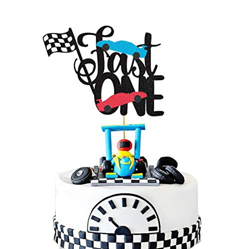 HEETON Fast One Cake Topper Race Car Racing First Boy Girl Chequered Flag Birthday Party Supplies Decorations