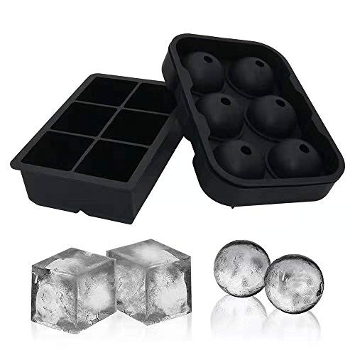 Ice Cube Trays Silicone Set of 2  Sphere Ice Ball Maker with Lid and Large Square Ice Cube Molds for Whiskey  Reusable and BPA Free Ice Cube Trays Silicone Set of 2