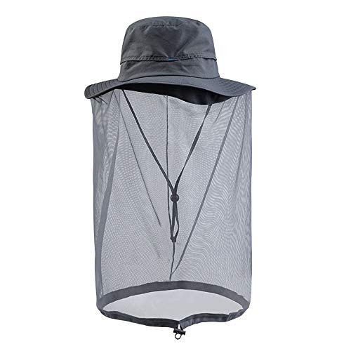 PiscatorZone Mosquito hat with Netting Outdoor Sun Hat Bucket Hat Head Net Hat Gray