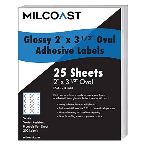 Milcoast Glossy Adhesive 2  x 3-1-3  Oval Shaped Labels - for Laser or Inkjet Printers - 200 Labels 25 Sheets
