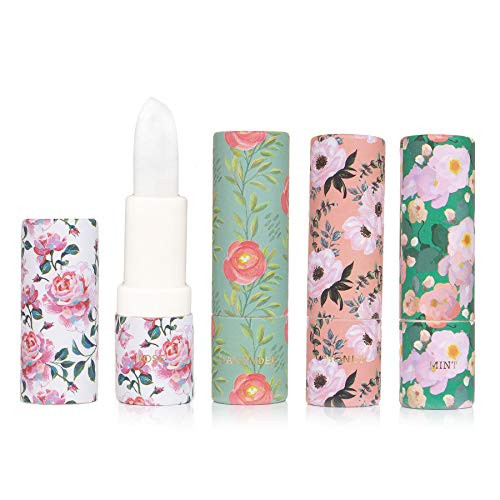 Beauty Concepts Four Piece Lip Balm Collection with Shea Butter  Moisturizing Lip Balm Gift Set Rose  Lavender  Honey   Mint - Green Box