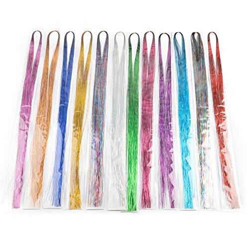 48Hair Tinsel 3000 Strands 12 Colors 12 Packs in Set -Sparkling   Shiny Hair Tinsel Extensions Colored Party Highlights Glitter Extensions Multi-Colors Hair Streak Bling Hairpieces 12mix