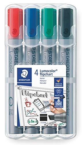 Staedtler Lumocolor Flipchart Marker  Chisel Tip  Water Based  Box of 4 Assorted Colors Red  Blue  Green  Black  356 B WP4