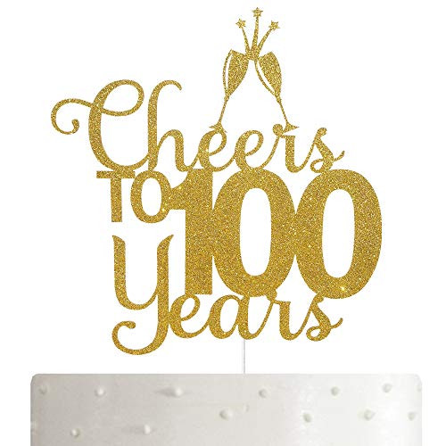 ALPHA K Cheers to 100 Years  100th Birthday Cake Topper  100th Anniversary Cake Topper  100th Party Decoration with Premium Gold Glitter