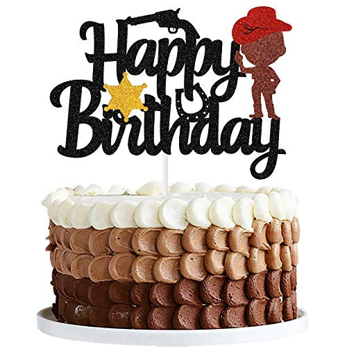 Yvokii Black Glitter Litter Cowboy Birthday Cake Topper Western Wild West Farm Theme Kids Birthday Baby Shower Party Decorations Supplies Helmet boot Shooting Mexican Cake Decor