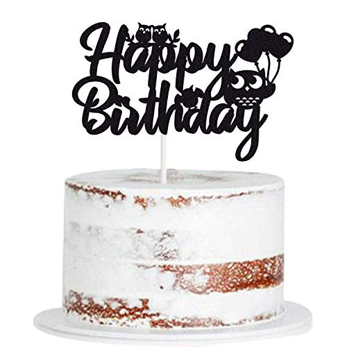 MAGBEA Owl Happy Birthday Cake Topper - Happy Birthday Sign Cake Decorations - Black Glitter Owl Cake Decor - Baby Shower Birthday Party Supplies for Kids Boy Girl