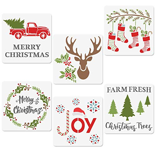 Christmas Stencils  6 Pcs Reusable Plastic Stencils Including Reindeer Truck Christmas Tree Stocking Joy Candy Cane Christmas Wreath Templates for Painting on Window Wood Journal Scrapbook 8  x 8