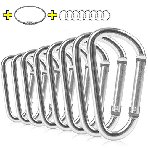 ZEINZE Carabiner Clip 3  Aluminum D-Ring Spring Loaded Gate Small Keychain Carabiners Clip Set for Outdoor Camping Mini Lock Hooks Spring Snap Link Key Chain Durable Improved Design 8 Pack Silver