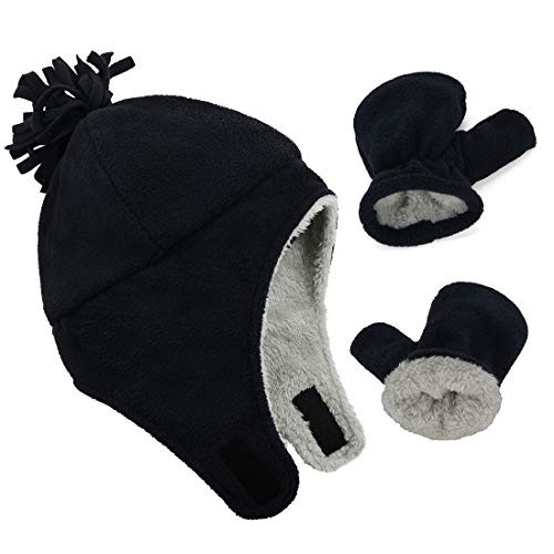 Durio Toddler Hat Fleece Lined Toddler Winter Hat Mittens Thick Toddler Hats for Boys Beanies Black 3-12 Months