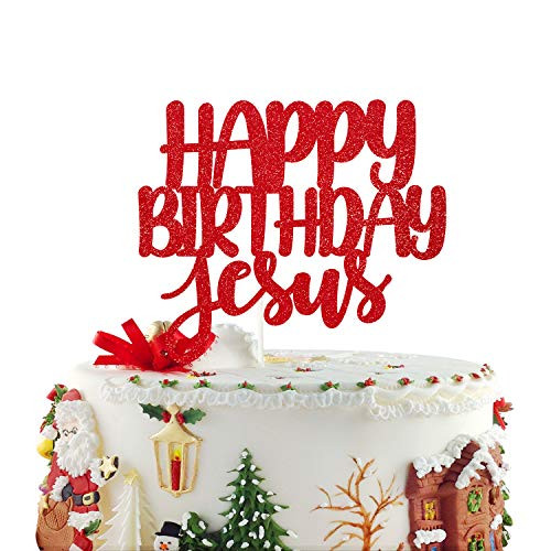Happy Birthday Jesus Cake Topper - Jesus Birthday Cake Decor - Jesus Reason for the Season - Red Glitter Merry Christmas Party Decorations
