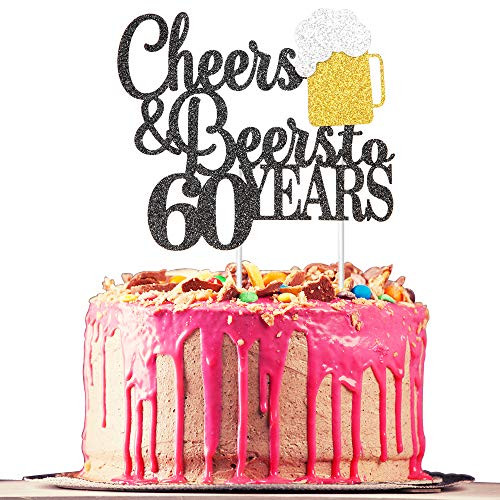 Cheers   Beers to 60 Years Cake Topper  Happy 60th Birthday or 60th Anniversary Cake Topper  60th Birthday or 60th Anniversary Party Supplies  Black Glitter