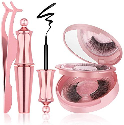 Magnetic Eyelashes and Eyeliner  3D Magnetic Lashes and Eyeliner Kit 2 Pairs Reusable Silk False Eyelashes Waterproof Magnetic Liquid Eyeliner with Mirror Tweezer No Glue Needed