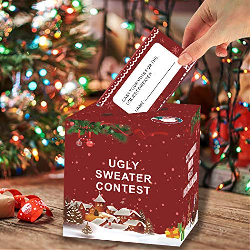 cxwind Funny Christmas Party Supplies Ugly Sweater Contest Ballot Box and Voting Cards Set 50 PCS Xmas Ugly Sweater Game kit for Xmas New Year Holiday Party Decorations