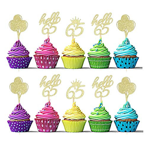 Sumerk 24 Pcs 65th Birthday Cupcake Toppers Gold Glitter Hello 65 Cupcake Topper 65 Birthday Cupcake Picks Party Decoration Supplies