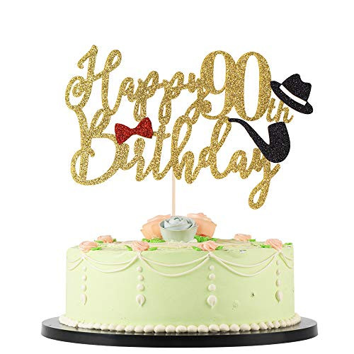 LVEUD 90th Birthday Happy Birthday Cake Topper Golden Font Red Bow tie Black hat Men Happy Birthday Cake Topper Birthday Party Cake Decorations 90