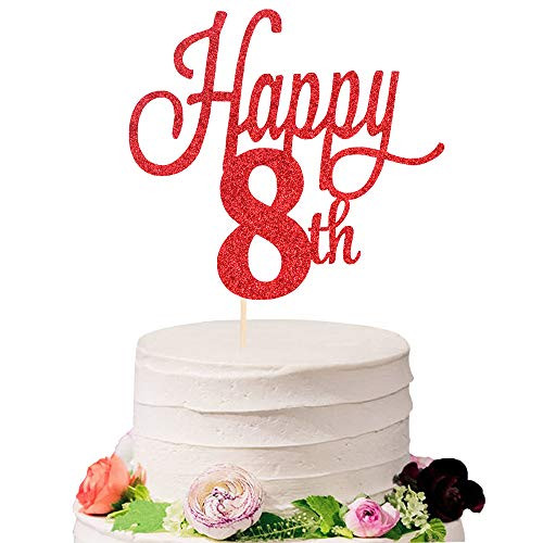 Eiveny Glittering Red Happy 8th Birthday Cake Topper - Cheers to 8 Years Old  8 Years Old Party Supplies Decoration 8th