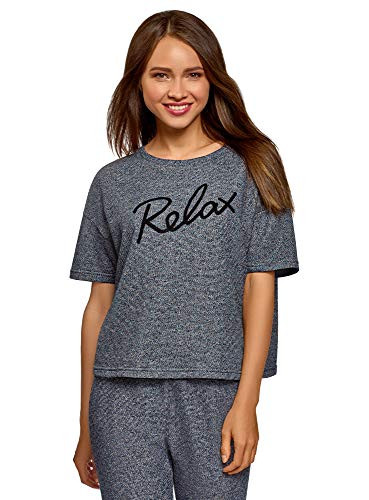 oodji Ultra Women s Short Sleeve Blouse with Flock Letter Print  Blue  US 4 - EU 38 - S