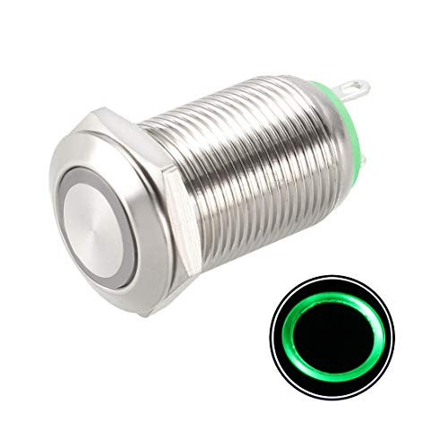 uxcell Latching Metal Push Button Switch 12mm Mounting Dia 1NO 12V Green LED Light
