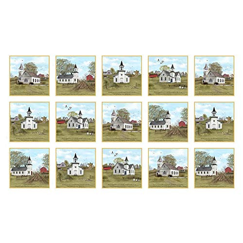 Elizabeth s Studio Amazing Grace Church 24   Blocks Panel Quilt Fabric  White