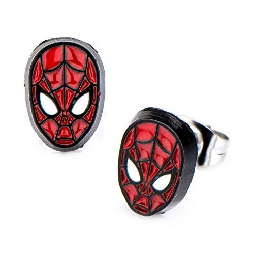 Marvel Base Metal   Black IP Spider Man Face Front with Stainless Steel Post Stud Earrings-