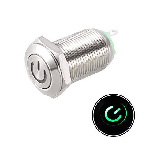 uxcell Latching Metal Push Button Switch Flat Head 12mm Mounting Dia 1NO 12V Green LED Light