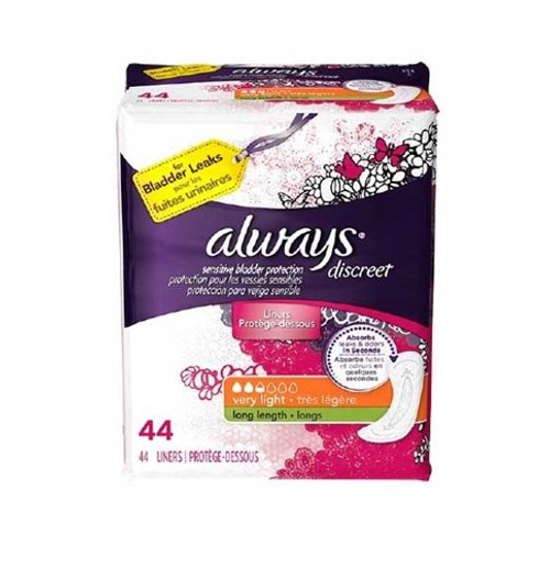 Always Discreet Incontinence Liners for Women Very Light Absorbency Long Length 44 Count Always Discreet Incontinence Liners for Women Very Light Absorbency Long Length 44 Count