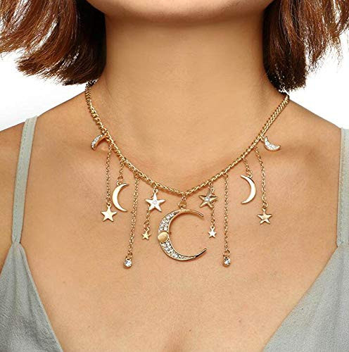 Jovono Gold Moon Star Tassels Necklace Crescent Moon Necklace Jewelry Chain for Women and Girls