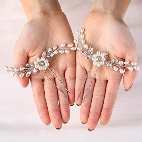 Casdre Bride Wedding Hair Pins Silver Pearl Bridal Hair Accessories Crystal Hair Piece for Women and GirlsPack of 2