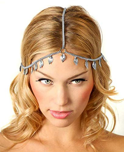 Mosako Boho Leaf Head Chain Silver Tassel Hair Chain Headpieces Hair Accessories for Women and Girls