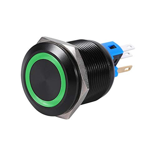Latching Push Button Switch  Keenso Metal Black Shell Suitable for 22mm Self-locking On-Off LED Latch Control High Flush Push Button Switch 3AGreen