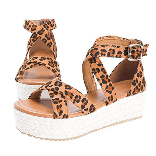 Syktkmx Womens Leopard Flatform Espadrille Strappy Open Toe Flat Platform Ankle Sandals