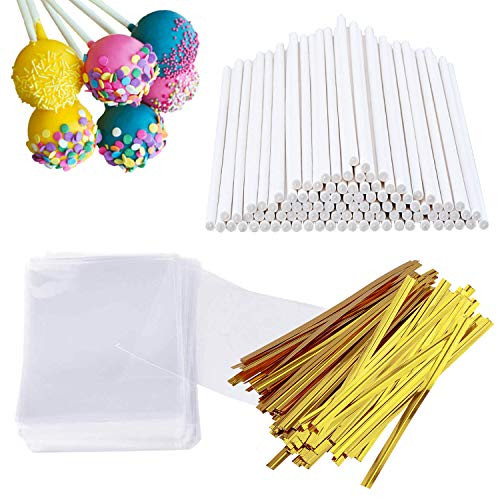 Cake Pop Sticks and Wrappers Kit  Including 100ct 6-inch Paper Lollipop Sticks  100ct Clear Candy Treat Bags Parcel  100ct Gold Twist Ties for Cakepop  Lollipop  Hard Candy  Suckers and Chocolate