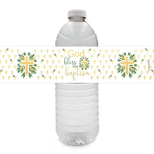 Greenery and Gold Cross Baptism Water Bottle Labels - 24 Stickers