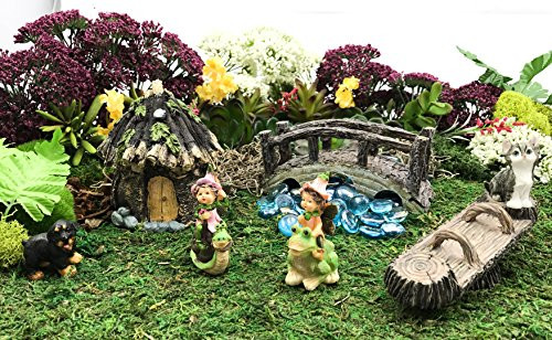 Fairy Garden Miniature Kit | 8 piece set | Mini Cat, Mini Teeter-Totter Log, Mini Puppy, Mini Fairy-Frog, Mini Fairy-Snail, Mini Wood Bridge, Ice blue gems