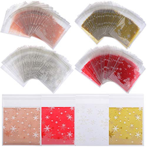 400Pcs Christmas Candy Bags Snowflake Treat Bags Self Adhesive Cellophane Plastic Cookie Bakery Candy Treat Gift Bags