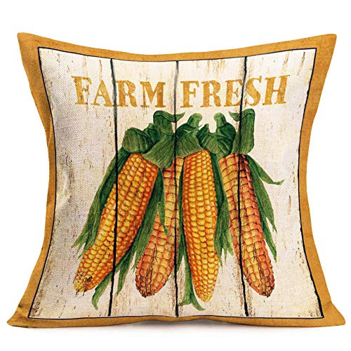 Asamour Farmhouse Decorative Pillow Covers Farm Fresh Quote Vegetables Corn with Yellow Frame Cotton Linen Throw Pillow Case Cushion Cover for Sofa Couch 18x18 Rustic Wood Grain