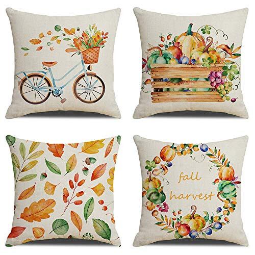 Zivisk Fall Pumpkin Harvest Decorative Pillowcases Autumn Thanksgiving Pillow Covers Square Halloween Cotton Linen Throw for Car Sofa Bed Couch Thanksgiving Gifts 18 x 18 Inches 45cm x 45cm 4Pcs