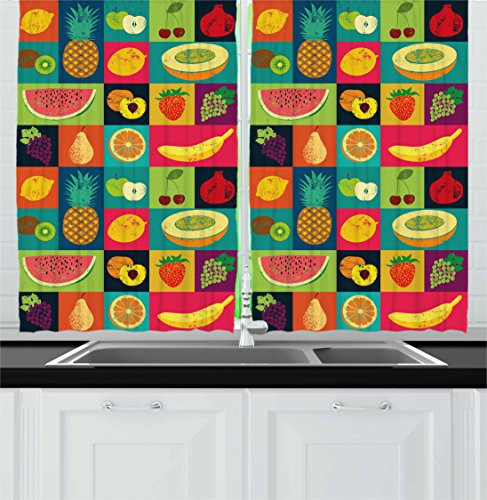 Ambesonne Retro Kitchen Curtains, Pop Art Grunge Style Fruits Collection Colorful Vintage Set Organic Food Pattern, Window Drapes 2 Panel Set for Kitchen Cafe, 55 W X 39 L Inches, Multicolor